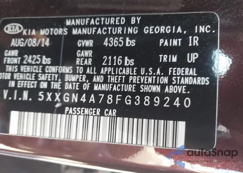 2015 Kia Optima Ex z USA, uszkodzony, nr VIN 5XXGN4A78FG389240